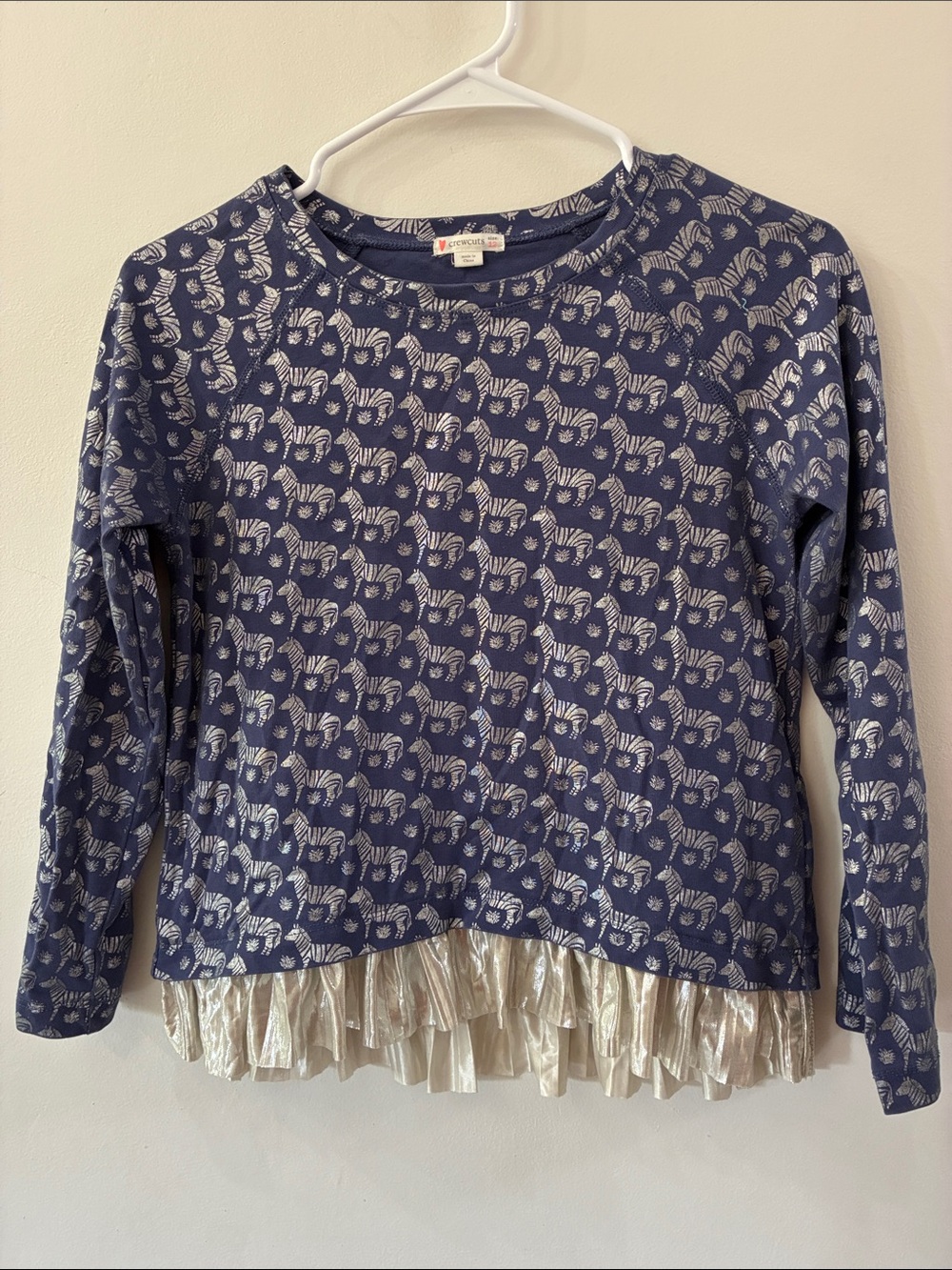 J crew - crew cuts - Navy Zebra Print Long Sleeve Top ruffle hem - size 12